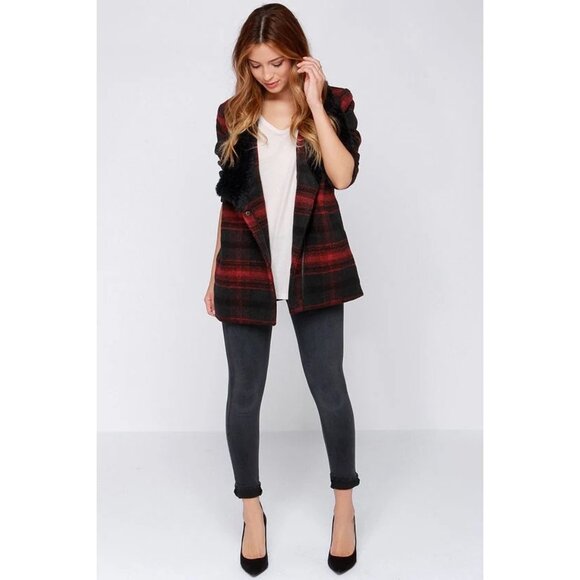 Jack BB Dakoda Rydell Buffalo Wool Blend Plaid Black Red Jacket Faux Collar Med - Picture 2 of 14